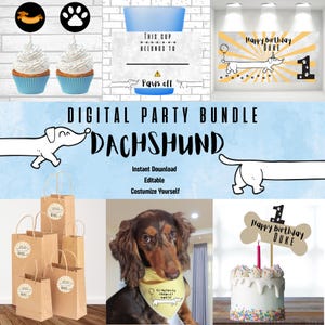 Pode incluir: Pacote de festa digital para uma festa de aniversário de dachshund. O pacote inclui uma faixa, toppers para cupcakes, sacos de presente, um topper para bolo e uma placa para uma xícara. A faixa diz "Feliz aniversário Duke" e tem um dachshund com um balão. Os toppers para cupcakes são um dachshund e uma pegada. Os sacos de presente são marrons com um adesivo de dachshund. O topper para bolo é um osso com o texto "Feliz aniversário Duke". A placa para a xícara diz "Esta xícara pertence a... Patas para fora".