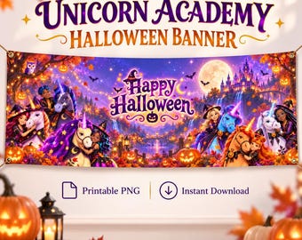 Unicorn Academy Halloween Banner | Printable Party Backdrop PNG | Instant Download