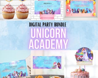 Unicorn Academy Birthday Party Kit Digital | Unicorn Academy Party Bundle Set | Personalized Party Pack | Editable Printable File Download