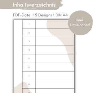 Puede incluir: Una plantilla de tabla de contenido imprimible con un fondo beige y una forma curva. La plantilla está numerada del 1 al 9 y está diseñada para usar con un archivo PDF. El texto "PDF-Datei 5 Designs DIN A4" y "Direkt Downloaden!" está incluido en la plantilla.
