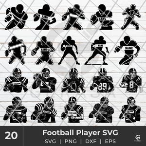 Puede incluir: Veinte archivos de corte SVG en silueta negra y blanca de jugadores de fútbol americano en varias poses. Los archivos incluyen jugadores corriendo con el balón, atrapando el balón y de pie en posición defensiva. El texto "YOUR NAME" y "NAME" se incluye en algunos de los diseños.