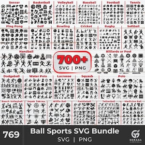 SVG-bundel balsporten | 700 schets sportpictogrammen | Digitale bestanden honkbal, voetbal, basketbal, tennis en volleybal