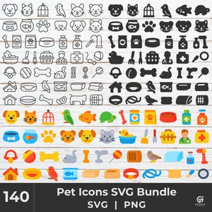 May include: A set of 140 pet icons in black and white, colour, and outline styles. The icons include dogs, cats, birds, fish, bones, collars, leads, food bowls, and other pet-related items. The icons are perfect for use in websites, apps, and other digital products.