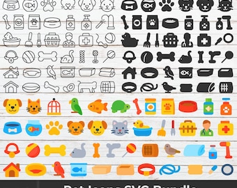 Pet Icons SVG Bundle: Dog, Cat, Vet, Grooming (Outline, Flat & Bold Styles) (Digital Download)