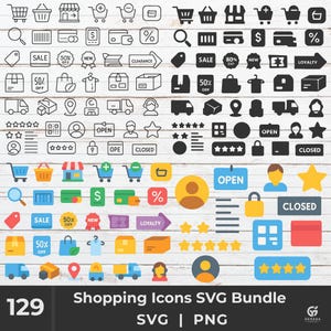 ショッピングアイコンSVGバンドル | 小売、カート、セール、支払い、配送、製品 | アウトライン、フラット＆ボールドスタイル | Cricut、プランナー、印刷