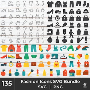 Mode-Symbole SVG-Bundle | Kleidung, Schuhe, Accessoires, Nähwerkzeug | Flach, Umriss und fettgedruckte Stile | Cricut, Print, Planer