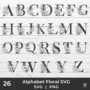 Paquete SVG de alfabeto floral / Letras monograma A-Z / Iniciales de flores elegantes / Archivos de corte para Cricut y Silhouette / Descarga digital