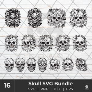 Skull SVG Bundle, Skull with flowers SVG, Floral skull svg, Skull vector, Skull Silhouette, Skull Tattoo SVG, Cut file Cricut