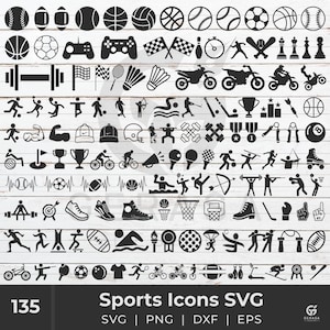 May include: A black and white graphic set of 135 sports icons. The icons include a variety of sports equipment, activities, and symbols. The set is labeled "Sports Icons SVG" and includes the file formats SVG, PNG, DXF, and EPS.