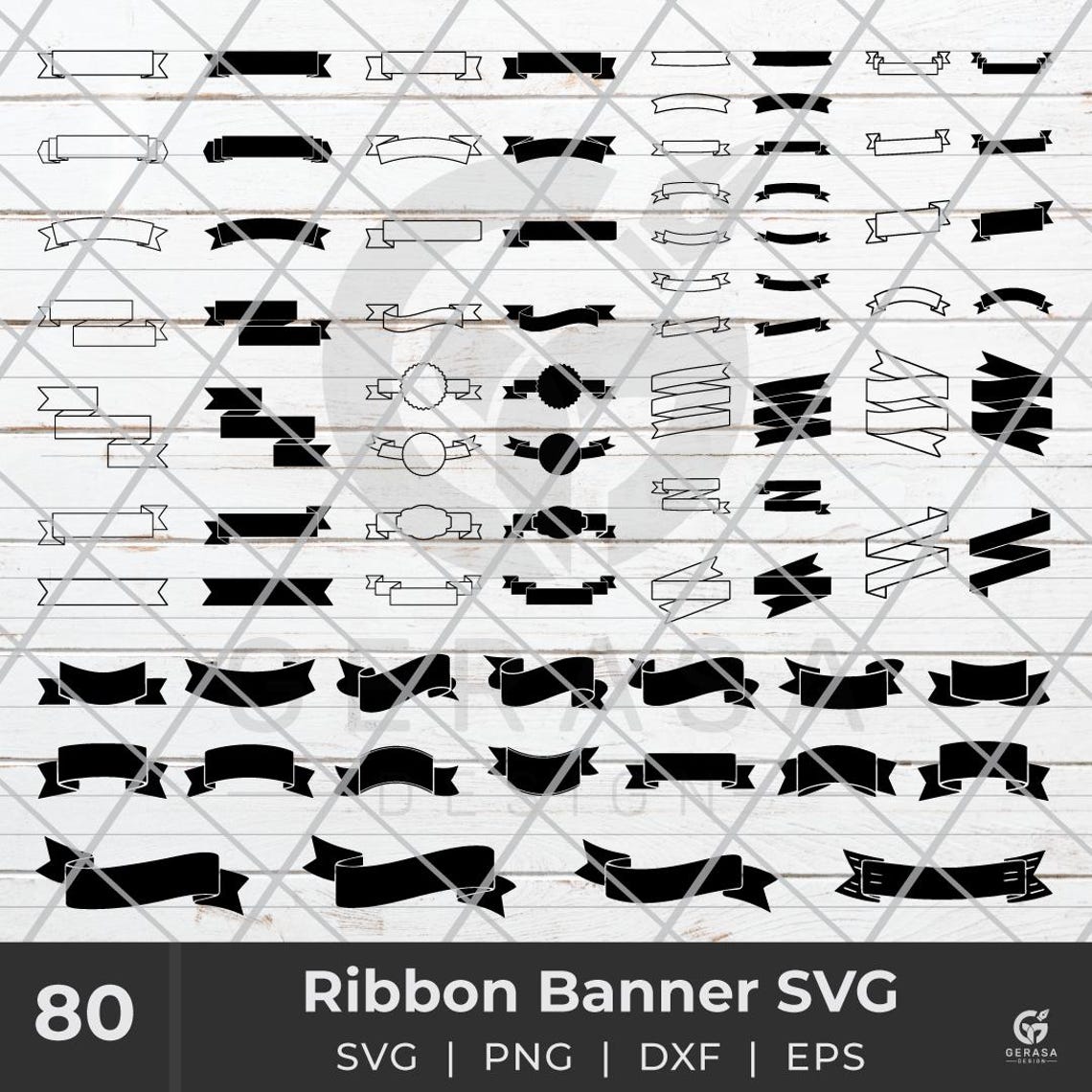 Ribbon Banner SVG Bundle: 80 Black Silhouette Clipart (digital Download ...