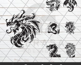 Dragon SVG Bundle, Cut Files for Dragons, Dragon Head Clipart, Animal Silhouettes, Dragon Tattoo Vector