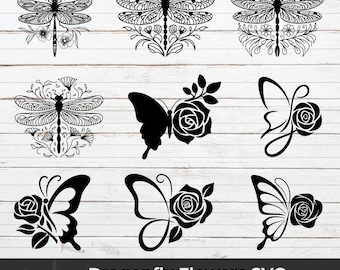 Dragonfly Flowers SVG Bundle: Tattoo Wildflower Designs (Digital Download)