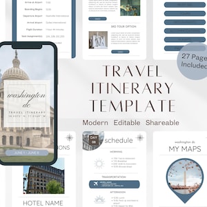 Op de afbeelding: Een digitale sjabloon voor een reisroute met een modern ontwerp. De sjabloon bevat een voorblad met een foto van het Amerikaanse Capitool, een pagina met een dagschema en een kaartpagina. De tekst op het voorblad luidt "Washington DC Reisroute 38.9072° N, 77.0369° W 1 juni - 8 juni". De tekst op de planningpagina luidt "Dag 06 Schema Ochtend 7:00 Taxi naar restaurant 8:30 Ontbijt 9:00 Reis naar monument 10:30 Winkelen Vervoer Middag 12:30 Lunch 13:30 Ophalen voor de rit naar de luchthaven en terug". De tekst op de kaartpagina luidt "Washington DC Mijn kaarten".