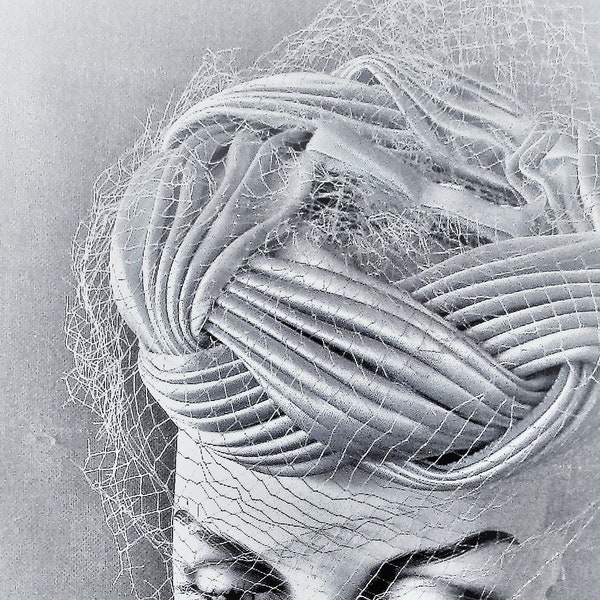 Vintage 1950's 1960's Hat Pale Blue Satin Turban Wrap/ Pillbox Tilt Hat with Veil Netting & Combs