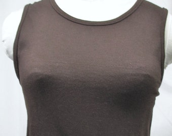Vintage 1960's 70's Top Cotton Knit Shell Ribbed Sleevless Boat Neck Chocolate Brown Match-Mix Label S/M