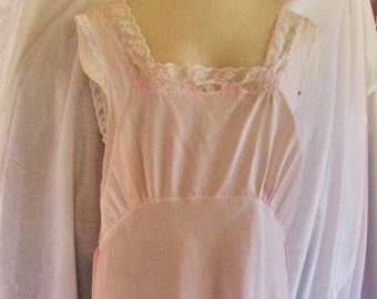Vintage 1950's Nightgown Pink Silky Nylon w Ecru Lace Long Nightie Corhan Noumair Lingerie Large Size **Scroll down for details