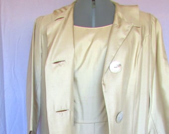 Vintage 1960's Coat & Dress Ensemble Champagne Beige Shantung Silk Big Button Elegance Jean of California Label**Scroll down for details