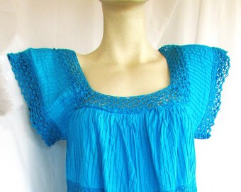 Vintage 1960's Mini Dress Tunic Top Peacock Blue Pin-tuck Pleats & Lace Crochet Cotton Mexican Wedding Dress Style **Scroll down for details