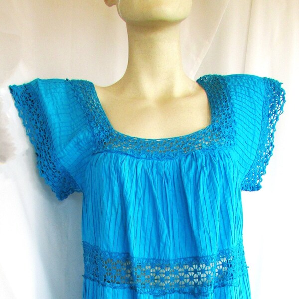 Vintage 1960's Mini Dress Tunic Top Peacock Blue Pin-tuck Pleats & Lace Crochet Cotton Mexican Wedding Dress Style **Scroll down for details