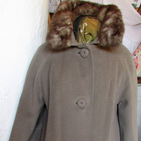 Vintage 1950's 1960's Coat Einiger Wool & Fur Blend in Grey w Brown Mink Fur Collar Mid Century Overcoat