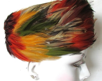 Vintage 1960's Hat Feather Pill Box Hat Brown Silvery-White Red Orange & Green Multi-Color Feathers on Felt **Scroll down for details