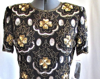 Vintage 1980's Dress Beaded Gold & Silver Sequins Black Silk Adrianna Papell Deadstock**Scroll down for details