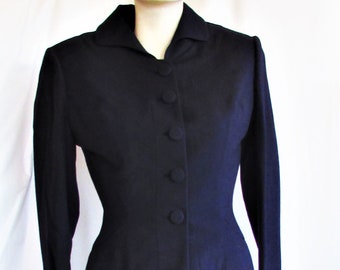 Vintage 1940's 50's Jacket Ladies Suit Navy Blue Gaberdine Wool Tailored Blazer Padded Shoulders Bullocks Pasadena **Scroll down for details
