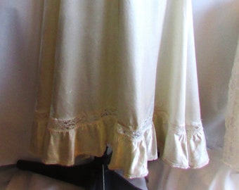 Vintage 1950's Petticoat Long Half Slip White Satin w Lace Inlay & Blue Satin Ribbon Bows **Scroll down for details