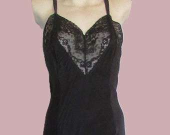 Vintage 1940's 50's Slip Black Rayon Seamprufe Label Size 34 Full Slip Midcentury Lingerie **Scroll down for details