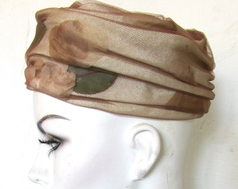 Vintage 1960's Hat Pillbox Turban Cloche Hat Beige w Brown & Green Marche' Exclusive **Scroll down for details