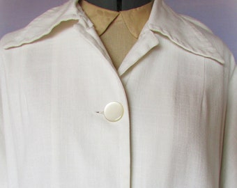 Vintage 1950's Duster White Linen Coat B. Altman & Co. Moonglow Buttons Big Pockets Butterfly Collar New Look **Scroll down for details