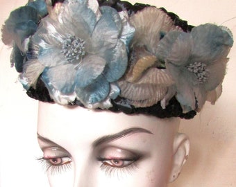 Vintage 1960's Hat Flowers Blue & Taupe on navy Blue Straw Easter Hat **Scroll down for details