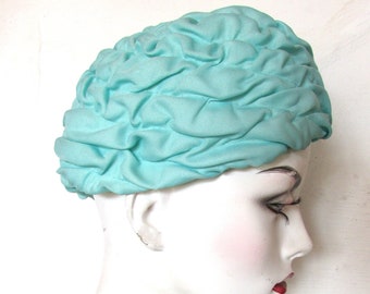 Vintage 1950's 60's Hat Cloth Turban Srunch Hat Aqua Blue Bad Hair Day Hat **Scroll down for details