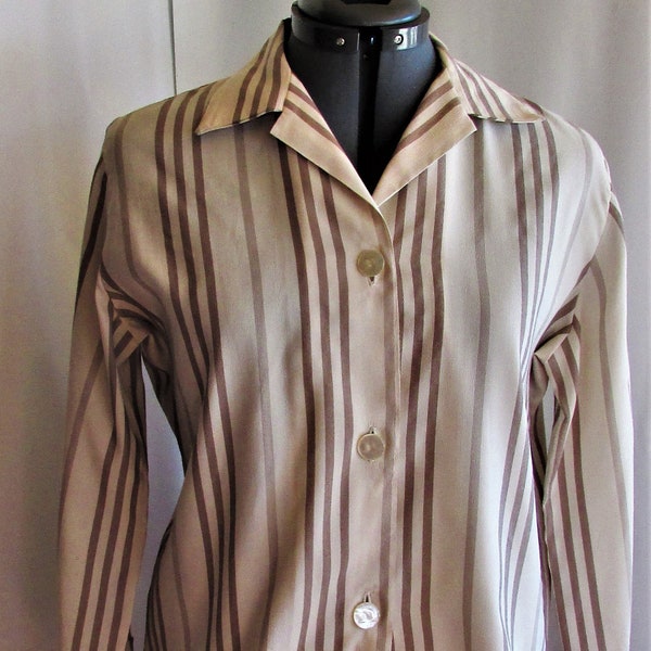 Vintage 1960's Blouse Rhoda Lee "The Shirt with the Shape" Beige Brown Stripes Long Sleeves French Cuffs **Scroll down for details