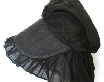 Antique Bonnet Black Cotton Organdy Old Mother Hubbard Shaker Pioneer Bonnet Witchy Hat **Scroll down for details