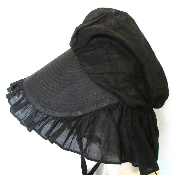 Antique Bonnet Black Cotton Organdy Old Mother Hubbard Shaker Pioneer Bonnet Witchy Hat **Scroll down for details