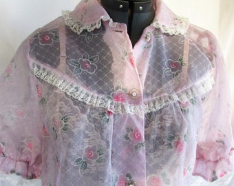 Vintage 1950's Robe Pink Flower Pattern Sheer Nylon w Lace Trim Rhinestone Buttons **Scroll down for details