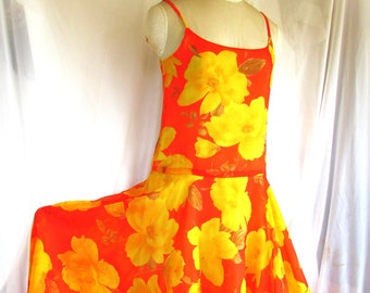 Vintage 1960's 1970's Dress Orange & Yellow Maxi Spaghetti Stap Flowing Chiffon Full Skirt **Scroll down for details
