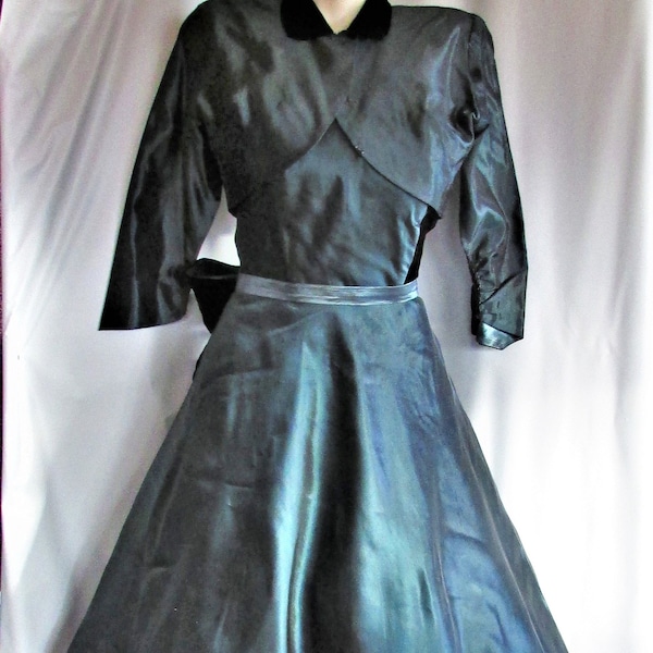 Vintage 1950's Dress w Bolero New Look Jacket Steel Blue Taffeta w Black Velvet Trim Full Skirt Strapless **Scroll down for details