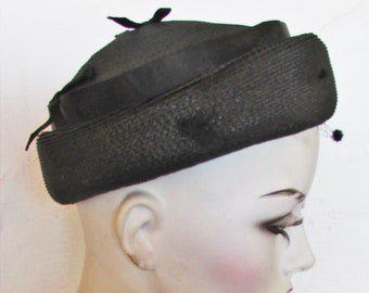 Vintage 1950's 60's Hat Black Straw Beanie Originals by Lee Bury Dallas Brimmed Beanie Hat w Black Satin Ribbons **Scroll down for details