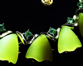 Vintage 1950's 60's Necklace Coro Choker Lime Green Thermoset Two-Tone w Rhinestones Gold Tone **Scroll down for details