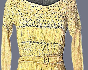 Sukienka w stylu vintage z lat 30. XX wieku, wstążkowa, w kolorze pszenicy, z wstążkami i koronką, z długim rękawem i paskiem, o długości do herbaty **Przewiń w dół, aby uzyskać szczegółowe informacje