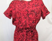 Vintage 1950 39 s 1960 39 s Dress Cotton Pencil Dress Red Black Mid Century Pattern Asymmetrical Edgy Modernist Print w Rhinestone Buttons