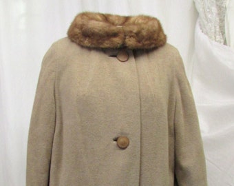 Vintage 1960's Overcoat Wool Dress Coat Beige Taupe Brown Mink Collar Shagmore James W. Hill Label Medium Large