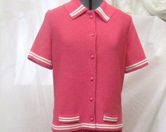 Vintage 1960's Suit Ensemble Kimberly Knit Pink w White Stripe 2-Piece Pleated Skirt w Top Mid Century **Scroll down for details