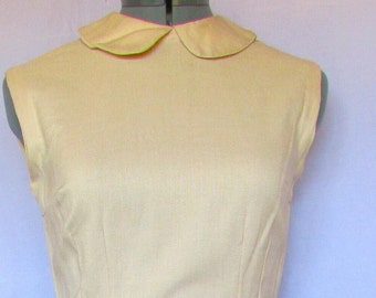 Vintage 1950's Dress Beige Linen Sheath Wiggle Dress High Peter Pan Collar Elegant Simplicity **Scroll down for details