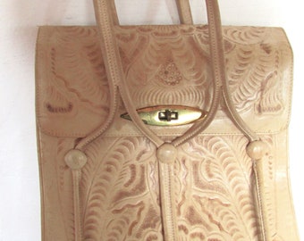 Vintage 1950's 60's 70's Handbag Tooled Leather Bag Light Butter Beige Purse Handcrafted in Mexico **Scroll down for details