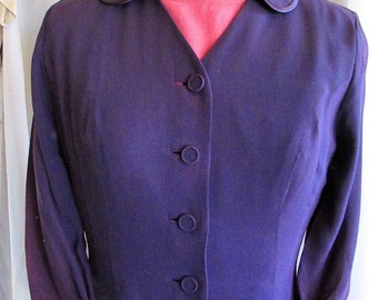 Vintage 1940's 50's Suit Jacket Purple Rayon w Satin Piping & Rusche'd Pocket Tween Craft Label **Scroll down for details