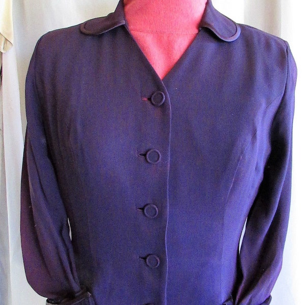 Vintage 1940's 50's Suit Jacket Purple Rayon w Satin Piping & Rusche'd Pocket Tween Craft Label **Scroll down for details