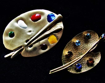 Vintage 1960's Brooches 2 Artist Palette Pins One for Day Dress Another for Evening Gold Tone Colored Rhinestones **Scroll down for details